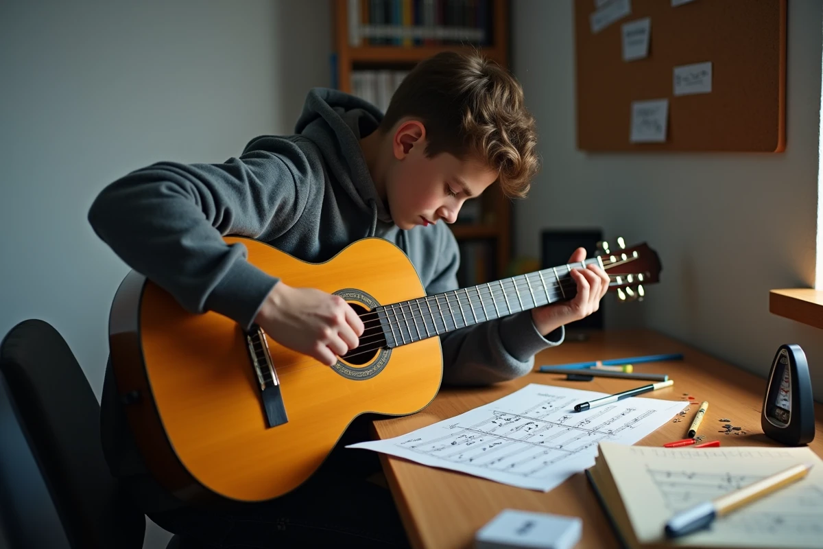 Adolescent annotant une tablature de guitare classique pour apprendre Mistral Gagnant dans sa chambre