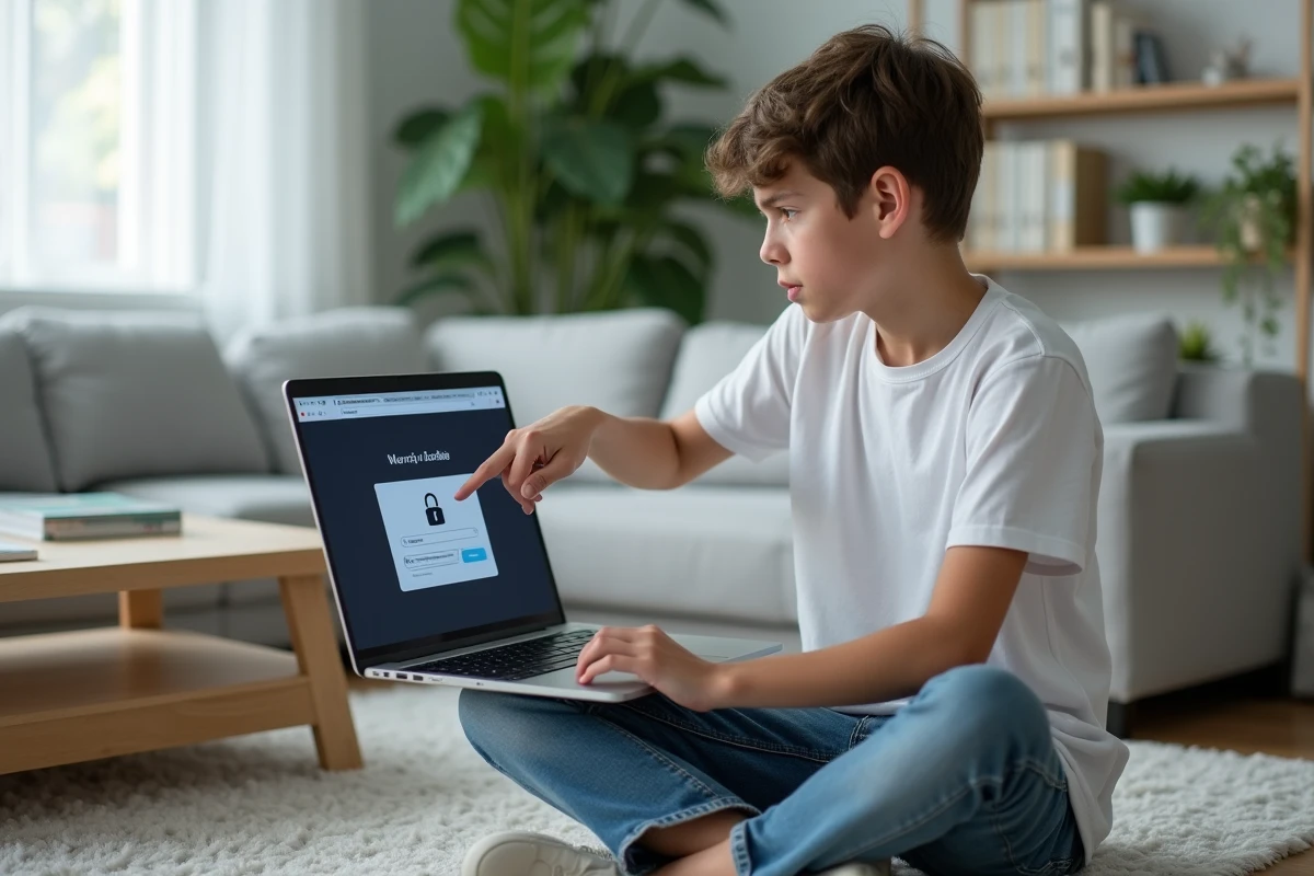 Adolescent comparant l'adresse officielle et un faux site de streaming sur ordinateur portable dans un salon