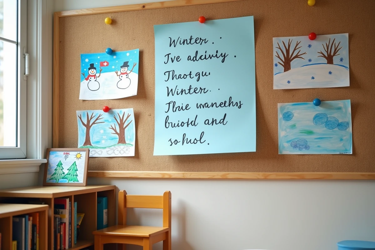 Affichage mural d'un poème sur l'hiver en maternelle entouré de dessins d'enfants sur le thème de la neige