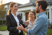 Agent immobilier souriant remettant des clés à une famille heureuse devant une maison moderne