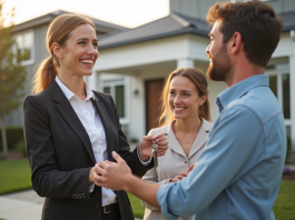 Agent immobilier souriant remettant des clés à une famille heureuse devant une maison moderne