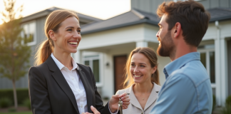 Agent immobilier souriant remettant des clés à une famille heureuse devant une maison moderne