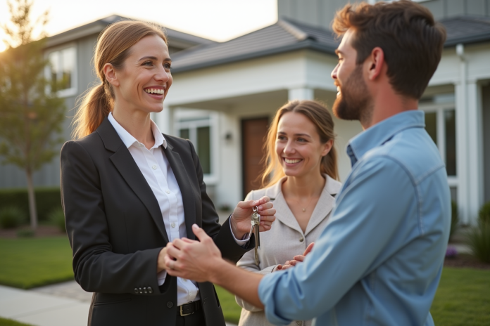Agent immobilier souriant remettant des clés à une famille heureuse devant une maison moderne