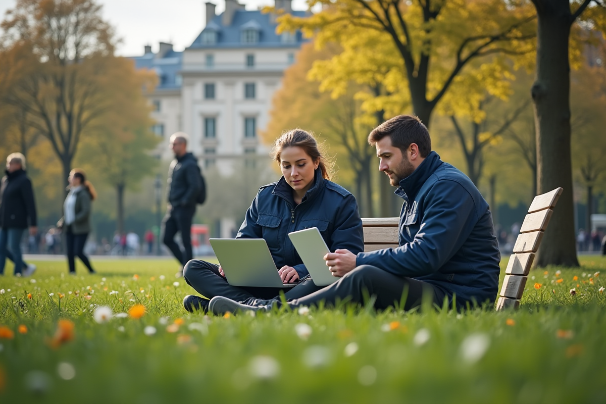 Agents municipaux collaborant dans un parc parisien en journée