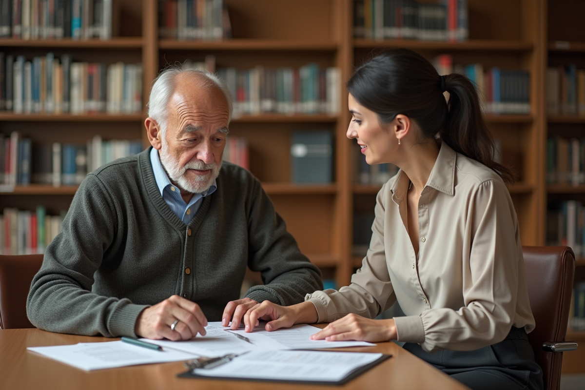 Femme aidant un homme âgé à la bibliothèque