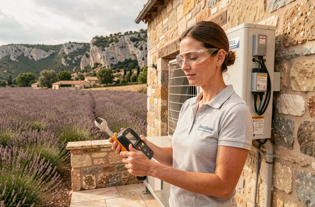 Technicienne de l'Aixoise d'Electro Thermie entretenant une unité thermodynamique sur une maison provençale