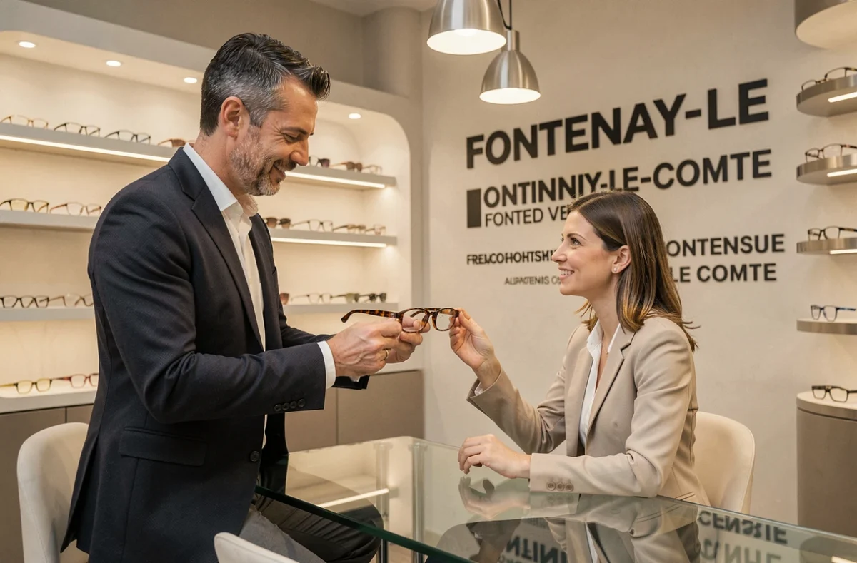 Opticien Alain Afflelou à Fontenay-le-Comte présentant des montures design à une cliente dans une boutique élégante