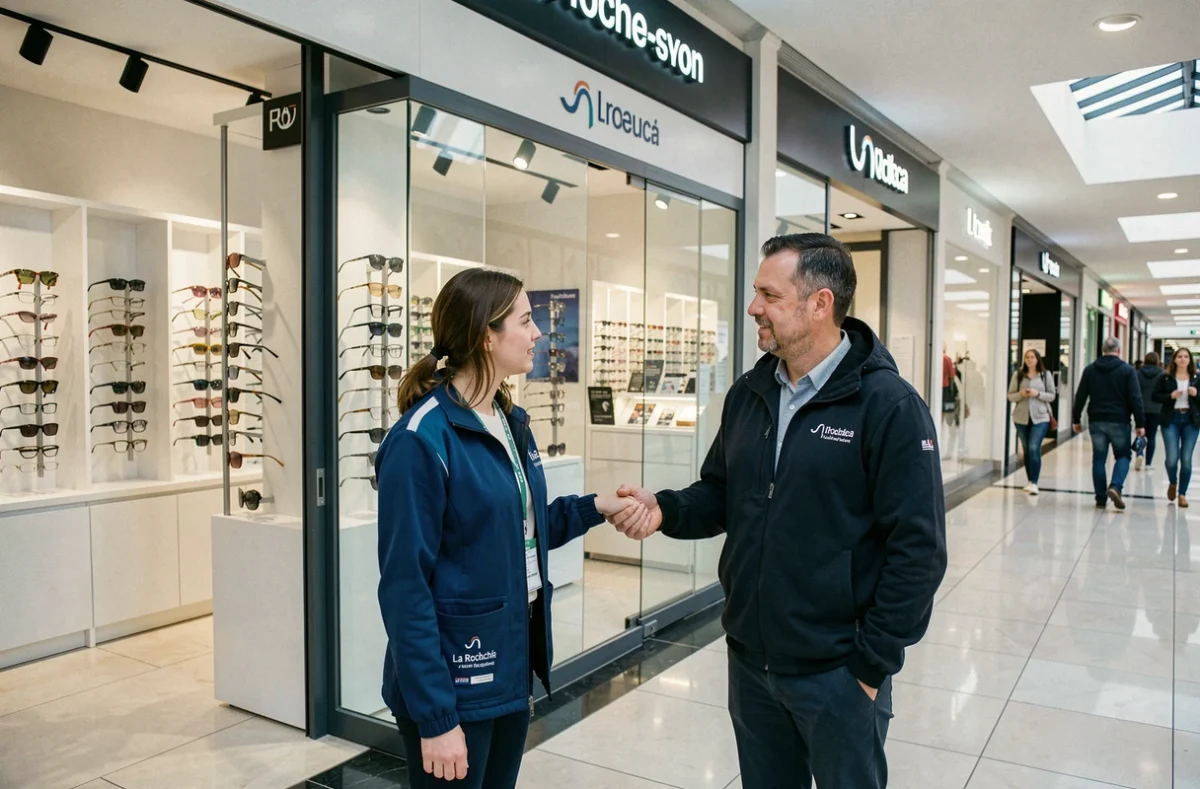 Opticienne Alain Afflelou aux Flaneries de La Roche-sur-Yon guidant un client dans le choix de montures dans une boutique de centre commercial