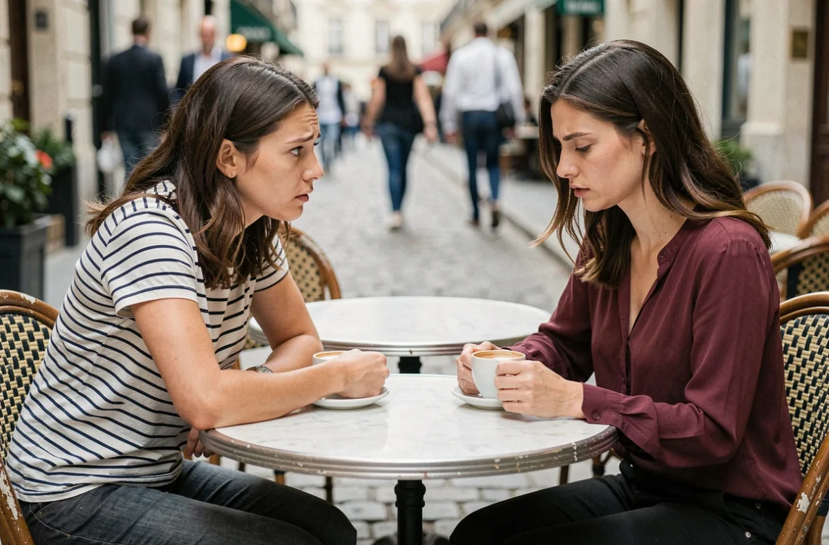 Deux amies discutant à une terrasse de café, l'une soutenant l'autre après une rupture avec un ex toxique