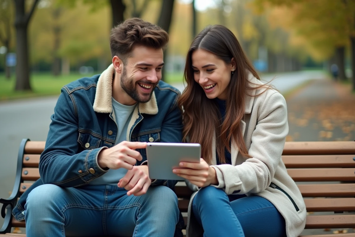 Deux amis consultant un compte anime sur tablette dans un parc, discutant de l'abonnement adkimi