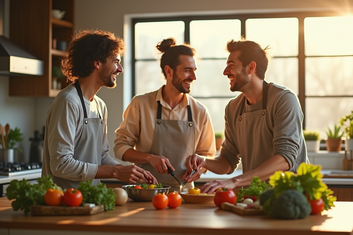 Amis cuisinant et riant dans une cuisine ensoleillee conviviale