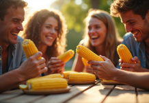 Groupe d'amis dégustant du maïs KFC en plein air
