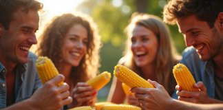 Groupe d'amis dégustant du maïs KFC en plein air