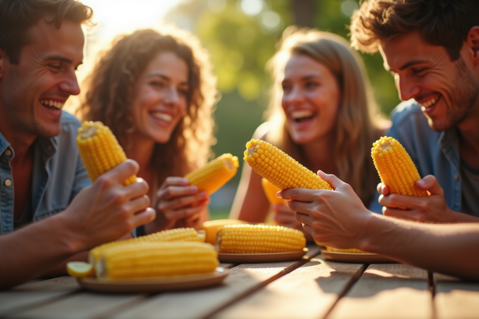 Groupe d'amis dégustant du maïs KFC en plein air