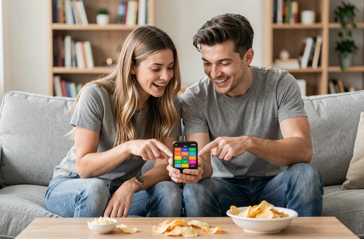 Deux amis résolvant ensemble un jeu de mots 4 images 9 lettres sur canapé dans un salon convivial