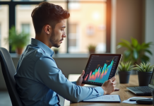 Jeune analyste financier examinant un graphique coloré sur une tablette