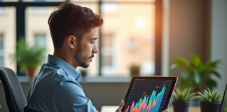 Jeune analyste financier examinant un graphique coloré sur une tablette