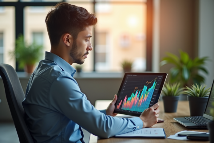 Jeune analyste financier examinant un graphique coloré sur une tablette
