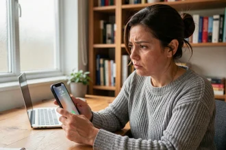 Femme hésitante regardant un appel entrant d'un numéro international +234 sur son smartphone