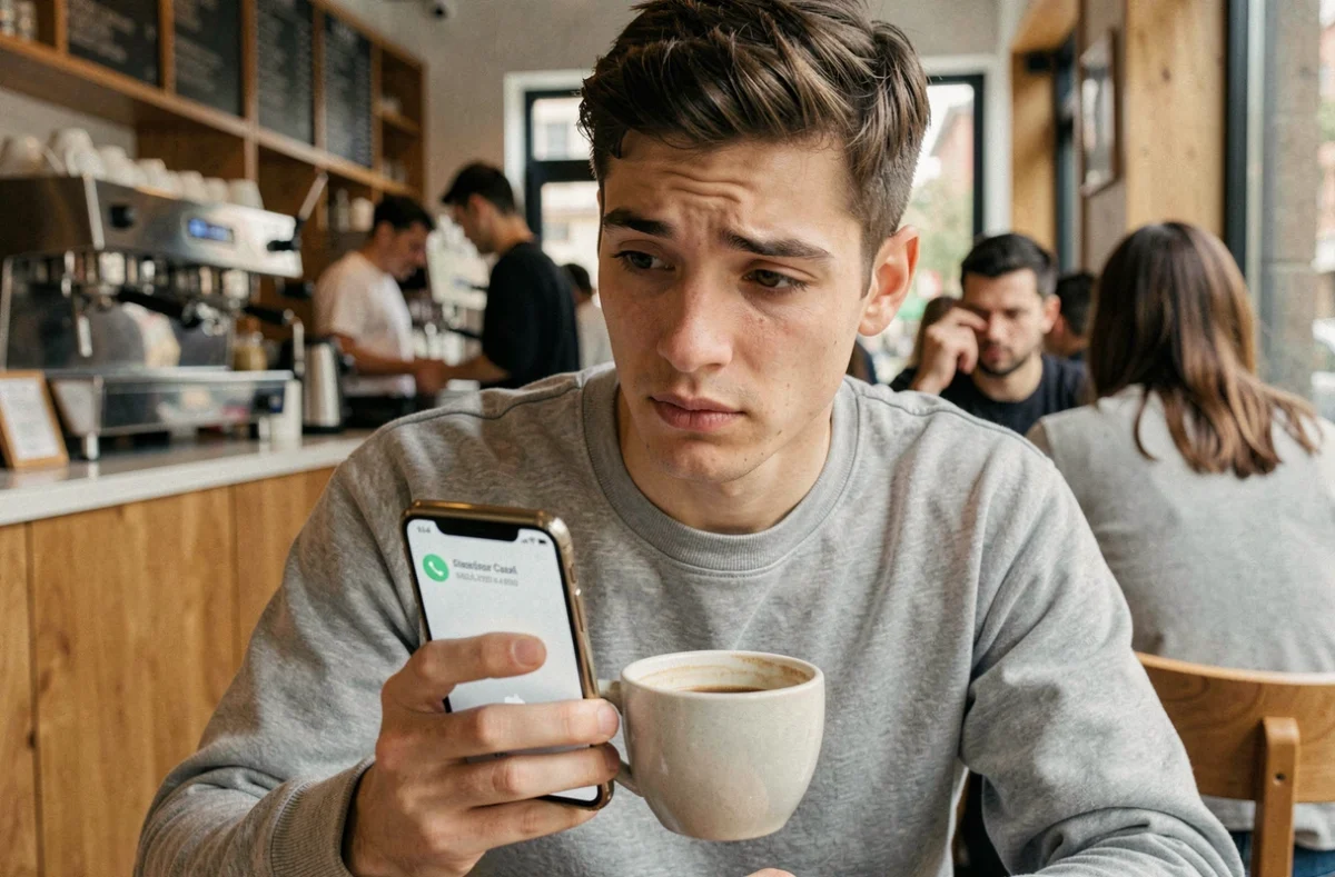 Jeune homme dans un café regardant avec méfiance un appel manqué d'un numéro espagnol +34