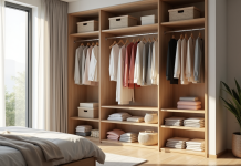 Armoire organisée avec vêtements par couleur dans une chambre lumineuse