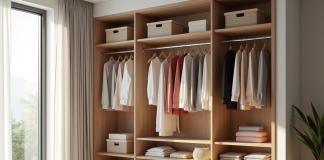 Armoire organisée avec vêtements par couleur dans une chambre lumineuse