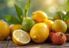 Assortiment de fruits frais avec L sur une table en bois