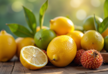 Assortiment de fruits frais avec L sur une table en bois