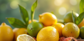 Assortiment de fruits frais avec L sur une table en bois