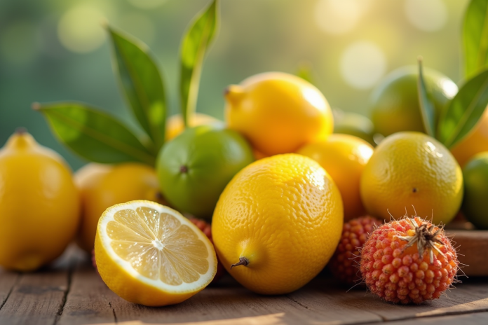 Assortiment de fruits frais avec L sur une table en bois