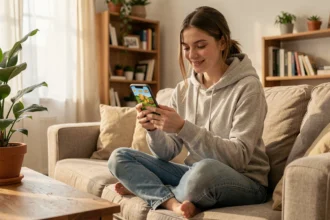 Jeune femme jouant à un jeu de ferme mobile sur smartphone dans son salon, illustration pour une astuce Hay Day pour gagner des pièces hors connexion