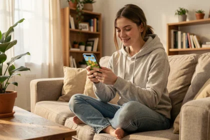 Jeune femme jouant à un jeu de ferme mobile sur smartphone dans son salon, illustration pour une astuce Hay Day pour gagner des pièces hors connexion