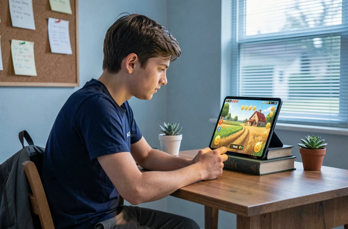 Adolescent jouant à Hay Day sur une tablette posée sur un bureau en bois dans sa chambre, astuce pour accumuler des pièces même sans connexion internet