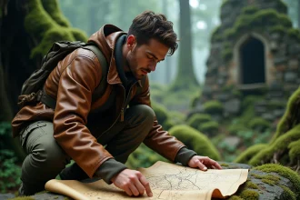 Aventurier étudiant une carte ancienne dans une forêt mystérieuse, évoquant la durée de vie et l'exploration de Clair Obscur Expedition 33