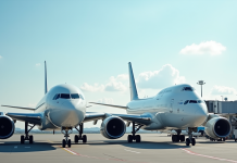 Deux grands avions commerciaux Boeing et Airbus côte à côte à l'aéroport