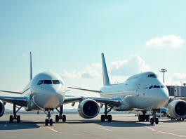 Boeing ou Airbus : une analyse comparative des deux géants de l’aéronautique Deux grands avions commerciaux Boeing et Airbus côte à côte à l'aéroport