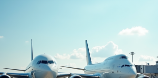 Deux grands avions commerciaux Boeing et Airbus côte à côte à l'aéroport