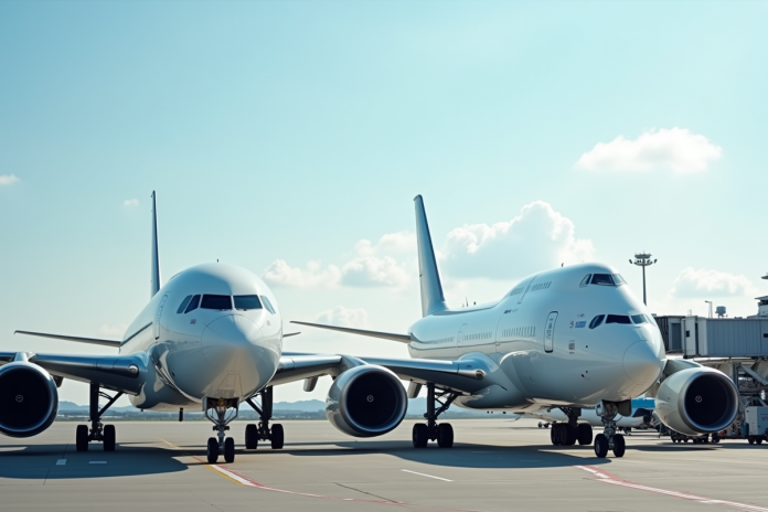 Deux grands avions commerciaux Boeing et Airbus côte à côte à l'aéroport