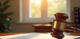 Juge avec marteau sur documents légaux en bureau lumineux