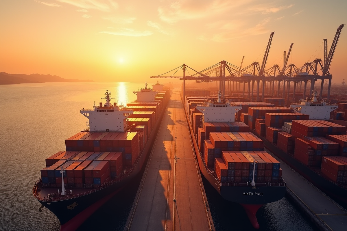 Vue de grands cargos au port au lever du soleil