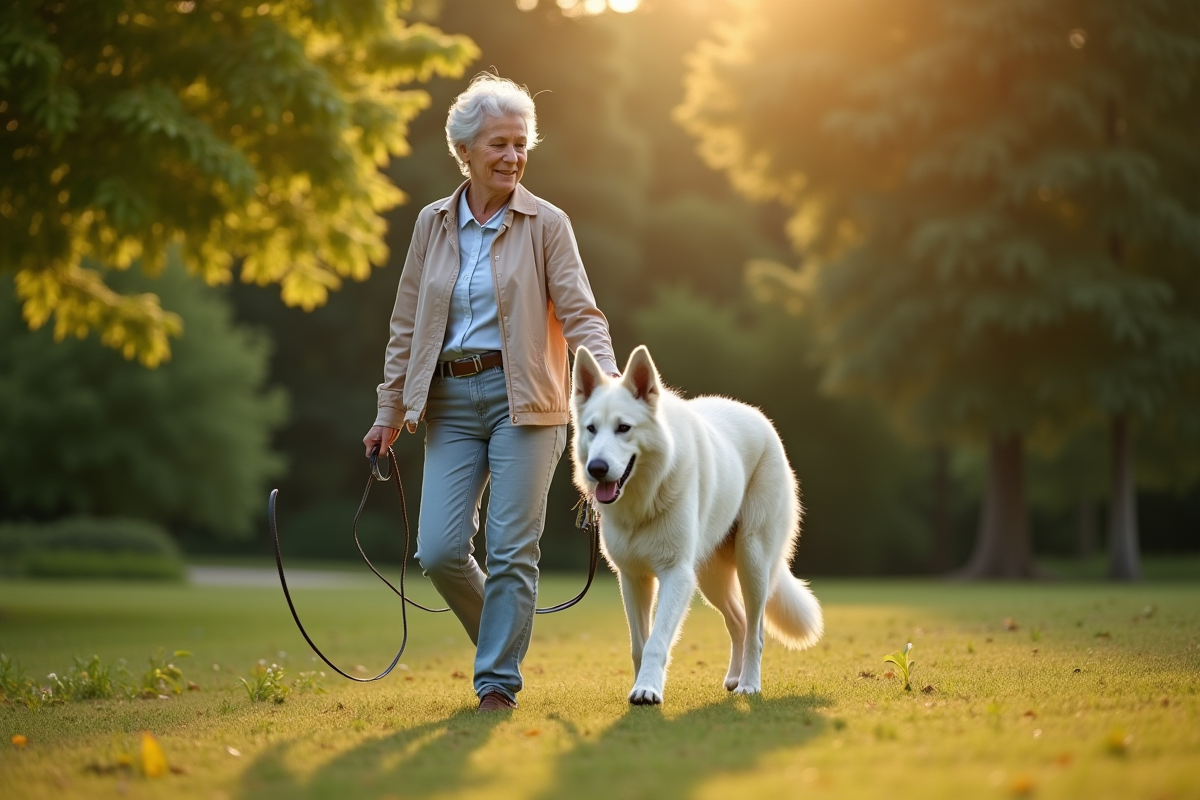 Chien berger belge adulte marchant avec une femme dans un parc