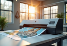 Bureau moderne avec grande imprimante A0 en action