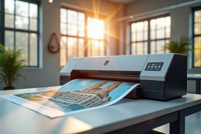 Bureau moderne avec grande imprimante A0 en action