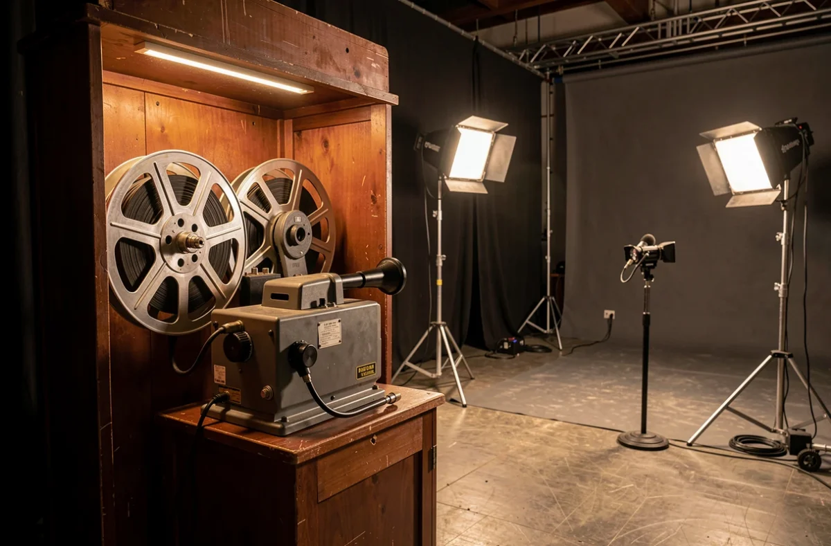 Cabine de projection et plateau de tournage d'une visite de coulisses