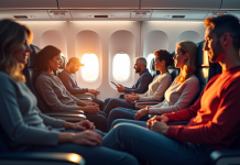 Intérieur d'une cabine d'avion lors d'un vol long courrier avec passagers relaxant