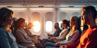 Intérieur d'une cabine d'avion lors d'un vol long courrier avec passagers relaxant