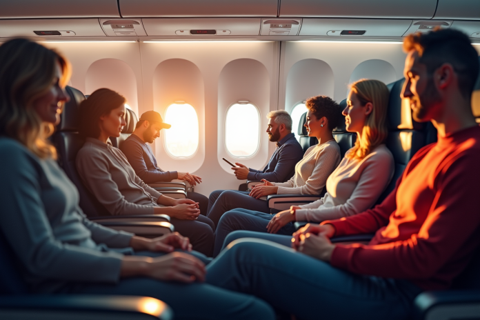 Intérieur d'une cabine d'avion lors d'un vol long courrier avec passagers relaxant