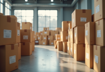 Caisses en carton empilees dans un entrepot lumineux