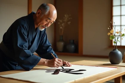 Calligraphe japonais écrivant le kanji de l'amour sur papier washi dans un atelier traditionnel japonais