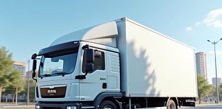 Camion blanc de 20m3 stationne en ville en plein jour